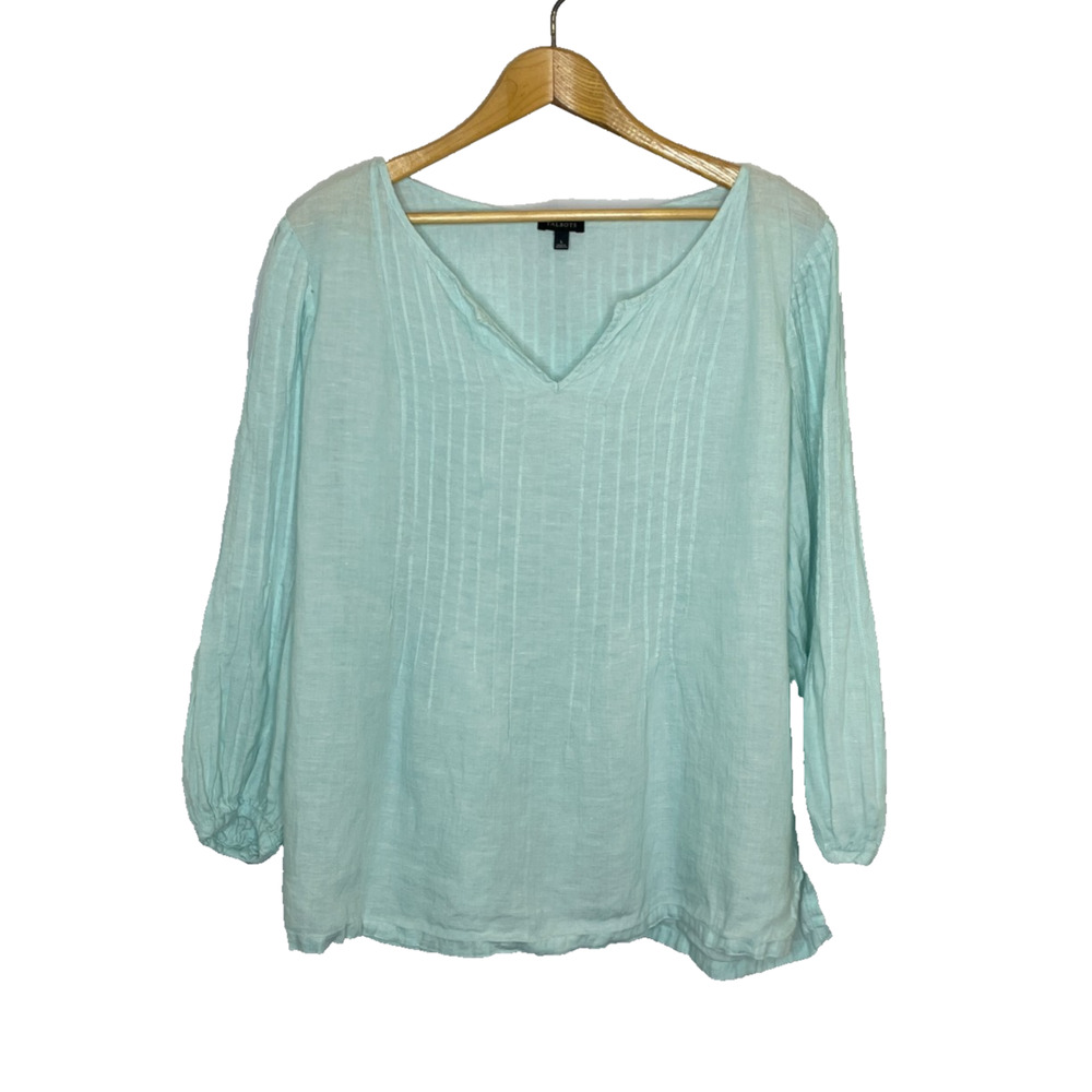 Women's Large Talbots 100% Linen Teal Blue Pleated Blouse Lightweight